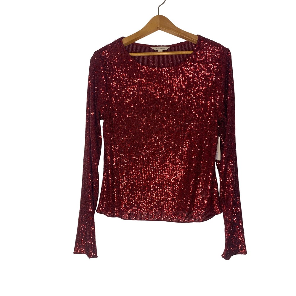 Lucky Brand Red Wine Sequin Long Sleeve Top Crew Neck‎ Holiday Party NWT Large